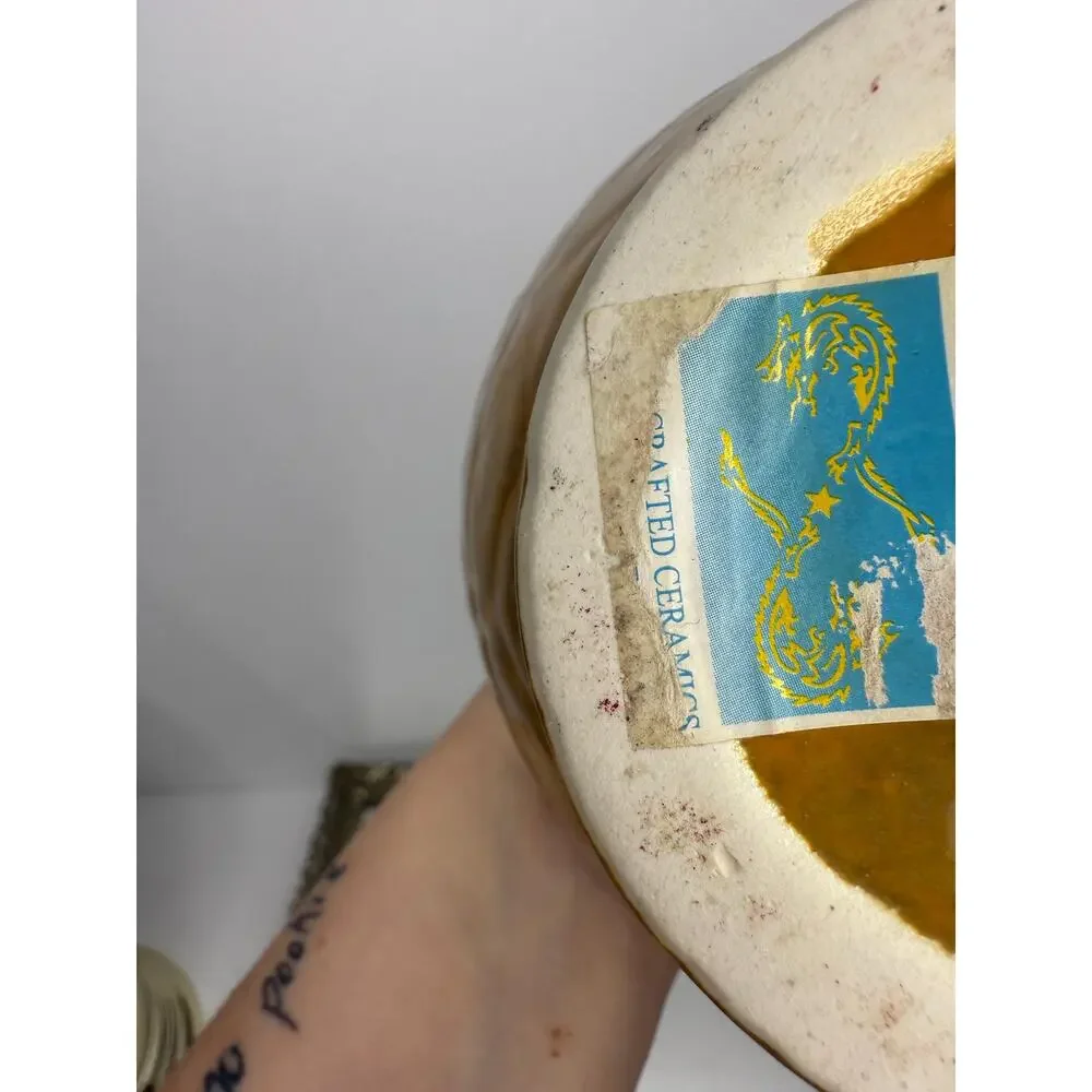 Vintage Handmade in Vietnam Mustard Yellow Vase with Incised Designs